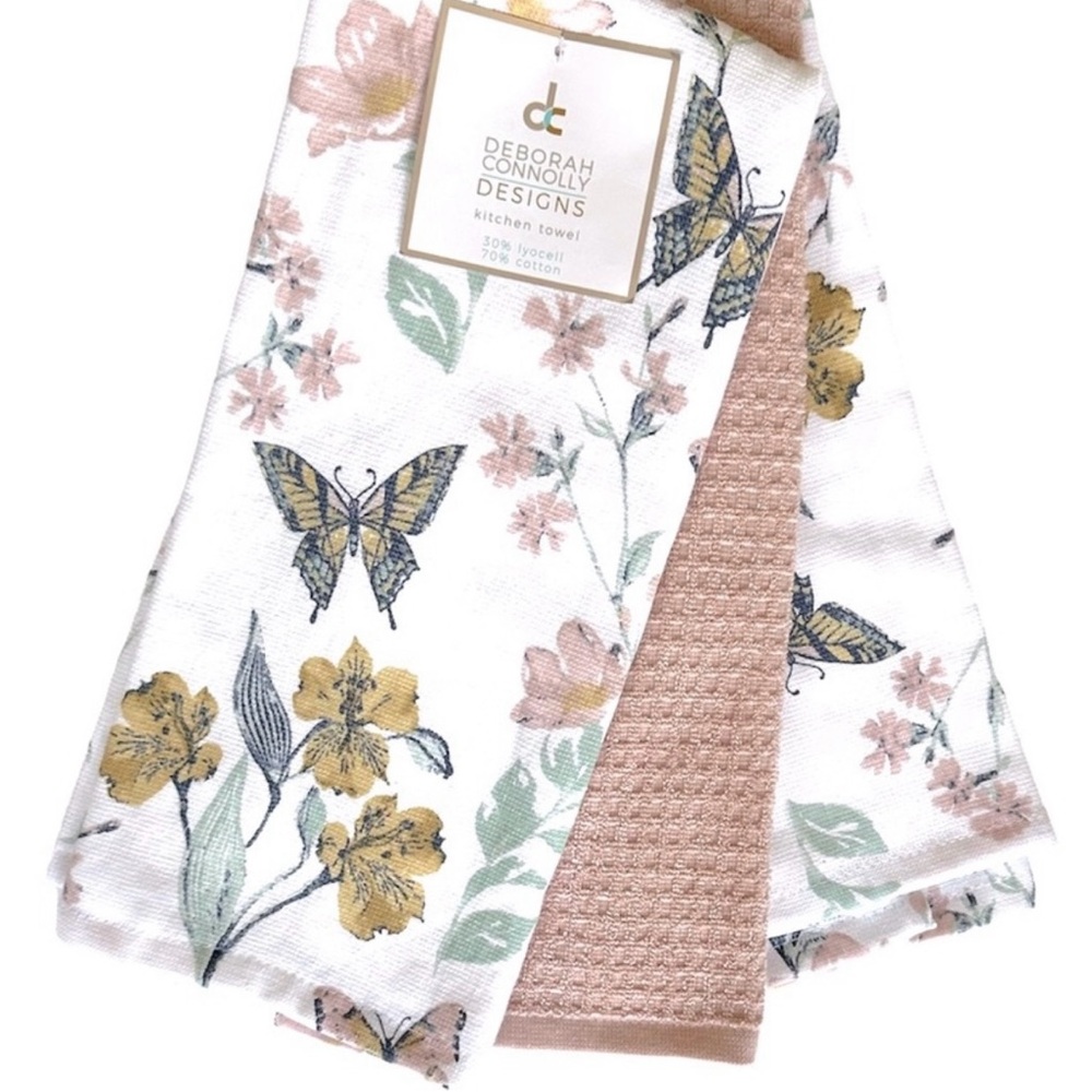 Deborah Connolly Kitchen Towels Set of 3 Pastel Floral & Butterflies NEW